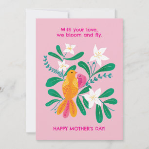 Mother's Day Card, hand drawn birds and flowers Holiday Card