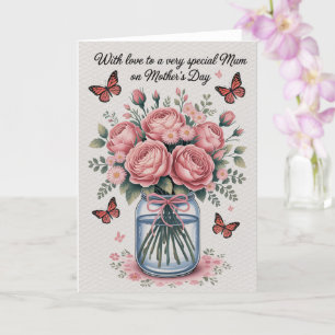 Mothers Day Card Pink Butterflies Flowers Gift Mum