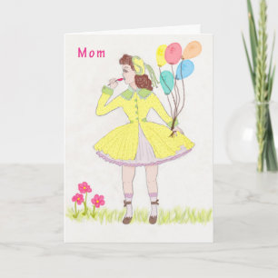 Mother's Day Card, Retro Drawing of Young Girl Card