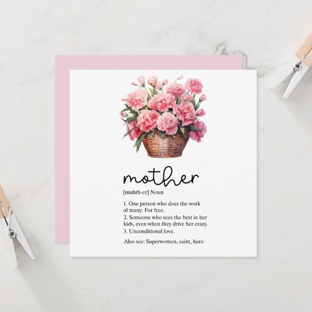 Mother's Day card with Pink Carnation  (Front/Back In Situ)