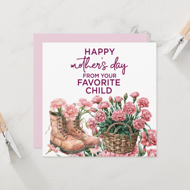 Mother's Day card with Pink Carnation  (Front/Back In Situ)