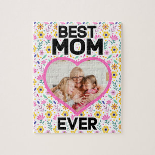 mothers day cards best mum ever floral Photo Heart Jigsaw Puzzle