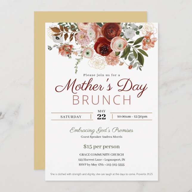 Mother's Day Church Brunch Blush Pink Floral Invitation (Front/Back)