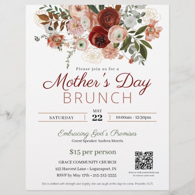 Mother's Day Church Brunch Elegant Pink Floral Flyer (Front)