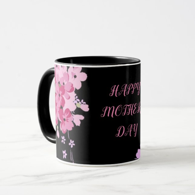 "Mothers Day" combo mug in black & pink flowers. (Front Left)