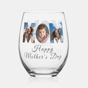 Mothers Day Custom 3 Photo Collage Stemless Wine Glass