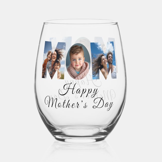 Mothers Day Custom 3 Photo Collage Stemless Wine Glass (Back)
