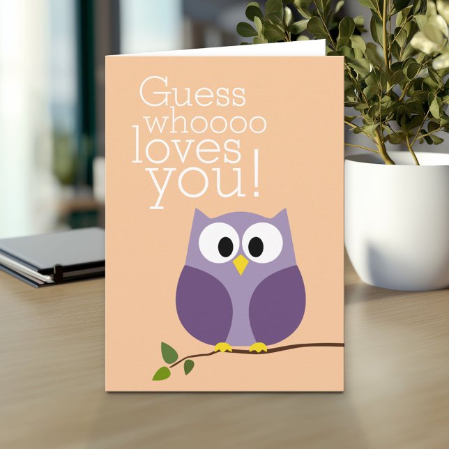 Mothers Day - Cute Owl Guess Who Loves You purple Card (Personalized Mother's Day Greeting Card)