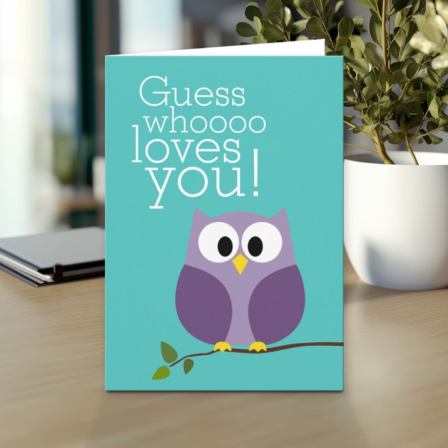 Mothers Day - Cute Owl Guess Who Loves You purple Card (Personalized Mother's Day Greeting Card)