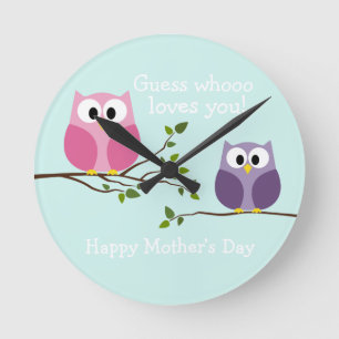 Mothers Day - Cute Owls Round Clock