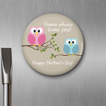 Mothers Day - Cute Owls - Whooo loves you Magnet<br><div class="desc">A funny,  lighthearted design for your mum! Cartoon owl in bright colours with leaves and branches with a Happy Mother's Day text that you can personalise.</div>