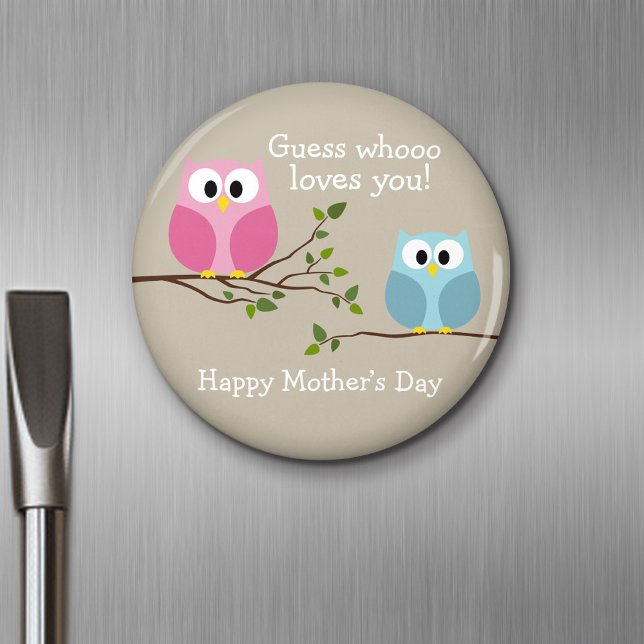 Mothers Day - Cute Owls - Whooo loves you Magnet (Personalized Fridge Magnet - Add Custom Text)