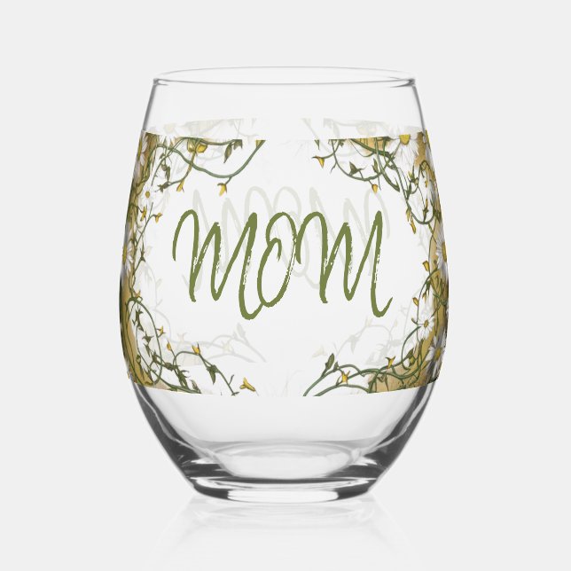 Mother's Day Daisy Wreath Design Stemless Wine Glass (Front)