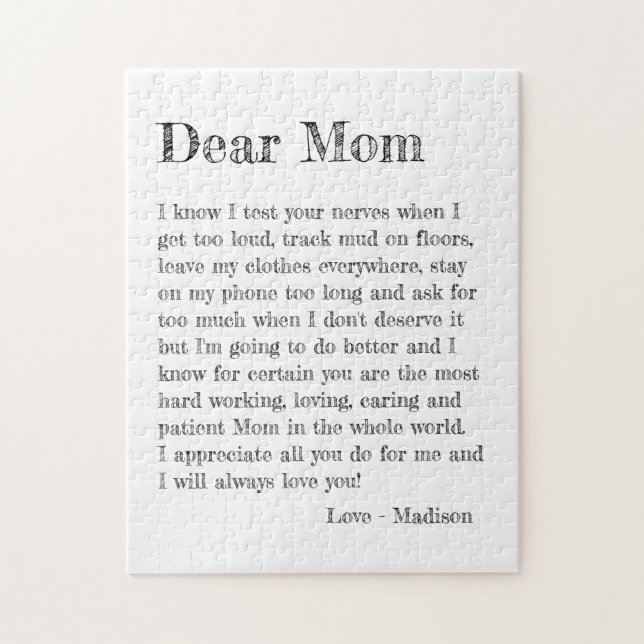 Mothers Day Dear Mum Letter Typography Jigsaw Puzzle (Vertical)