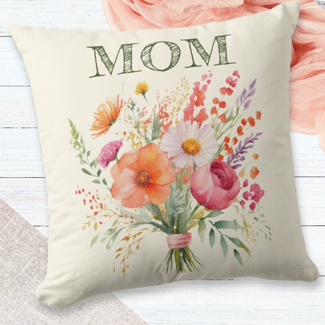 Mother's Day Floral Bouquet Pretty Mum Decor Cushion (A beautiful throw pillow for Mother's Day, with picture of a hand-tied bouquet of flowers)
