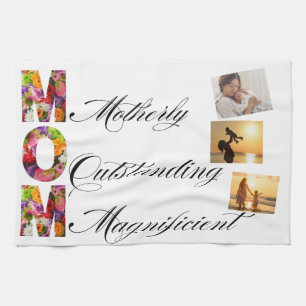 Mother's Day floral lettering with photos Tea Towel