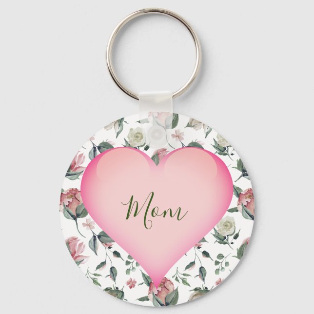 Mothers Day Floral Modern Pink Heart Personal Key Ring (Front)