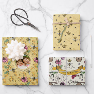 Mothers Day Floral Queen Bee Honeycomb Photo Wrapping Paper Sheet