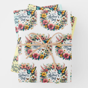 Mother's Day Floral Wreath with Butterfly 3 Colour Wrapping Paper Sheet