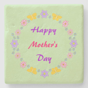 Mothers Day Flowers and Butterflies Custom Message Stone Coaster