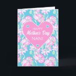 Mothers Day For Nan Pink Roses on Blue Card<br><div class="desc">A pretty, floral greeting card to send your grandmother, with a pattern of 'lipstick-pink' roses on a sky blue background. There is a large, pink heart in the center with 'HAPPY Mother's Day NAN!' in a mixture of fonts in white, with tiny sky blue and white hearts in the three...</div>