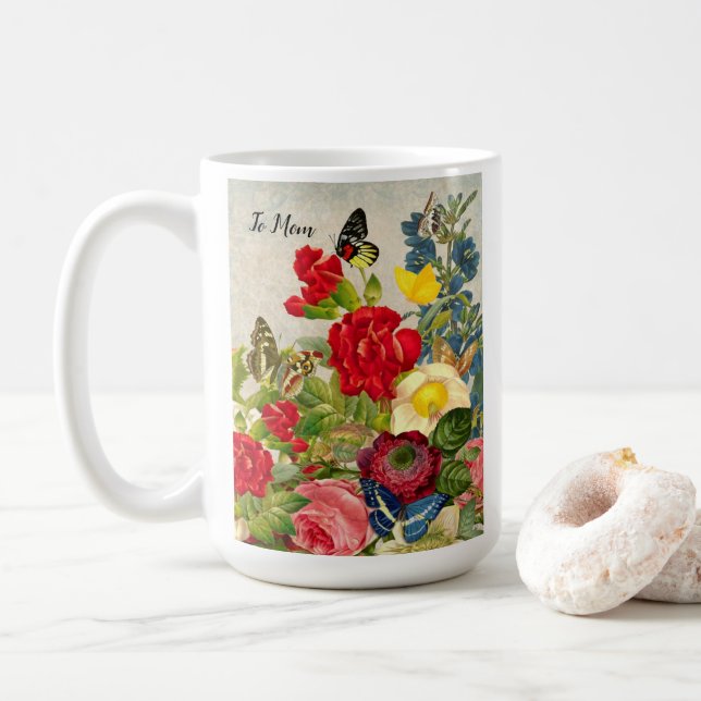 Mother's Day Garden Carnations Roses Butterflies Coffee Mug (With Donut)