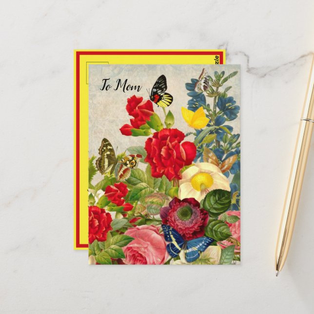 Mother's Day Garden Carnations Roses Butterflies Postcard (Front/Back In Situ)