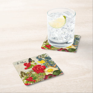 Mother's Day Garden Carnations Roses Butterflies Square Paper Coaster