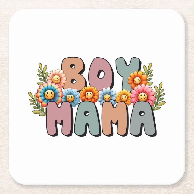 Mother's Day Gift | Boy Mama Square Paper Coaster (Front)