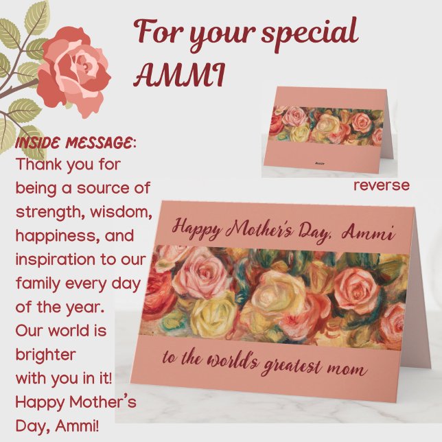 Mother's Day Greatest Ammi Urdu Arabic Mum Card (A beautiful floral roses Mother's Day card for your special Ammi (mom). All text customizable.)