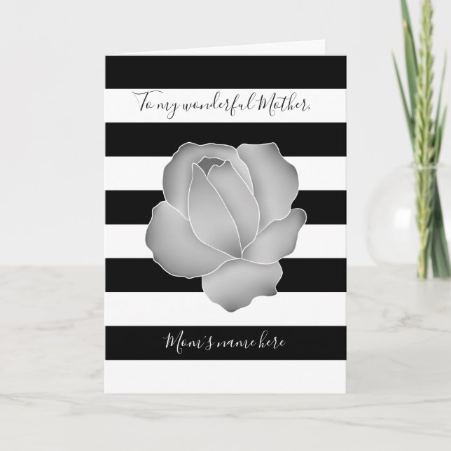 Mothers Day grey rose and black and white stripes Card (Front)