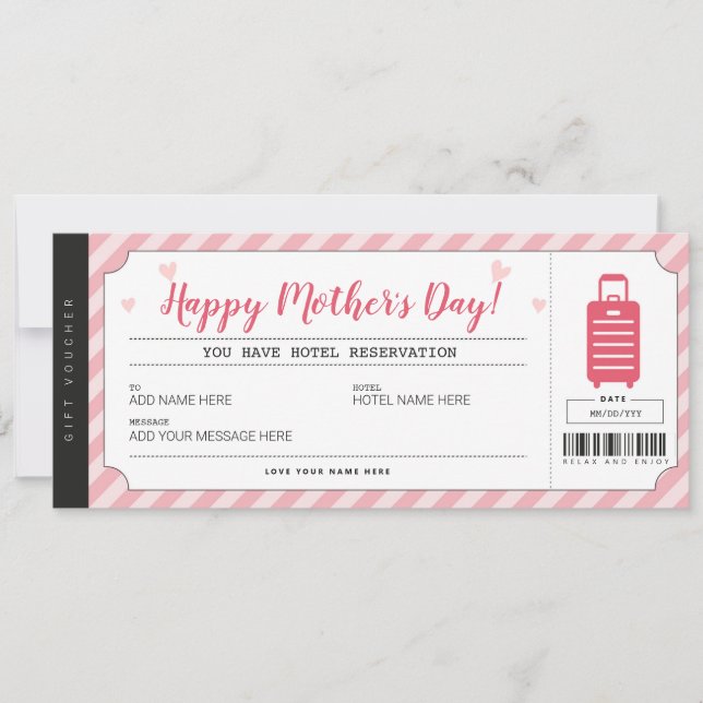 Mothers Day Hotel Stay Gift Voucher Certificate Invitation (Front)