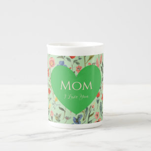 Mothers Day ,I Love You,Flowers Pattern,Love Heart Bone China Mug