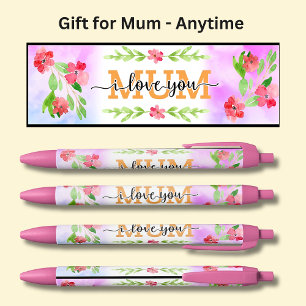 Mothers Day - I Love You Mum Pink Flowers Black Ink Pen