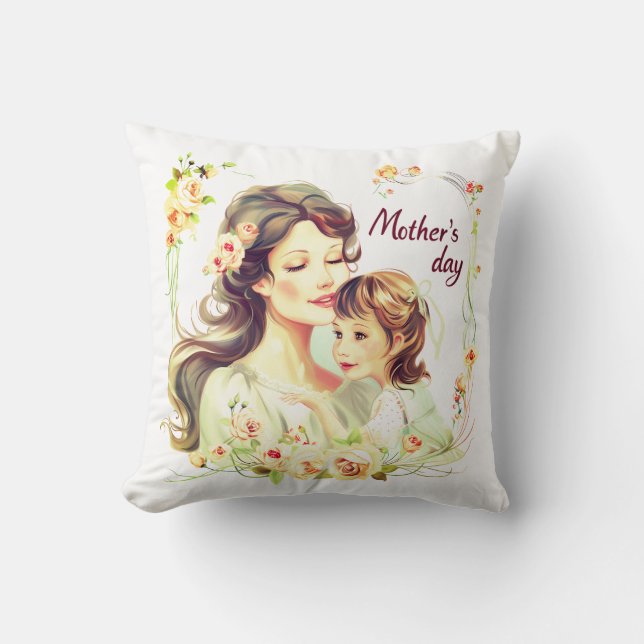 Mother's Day Illustration with Flowers Cushion (Front)