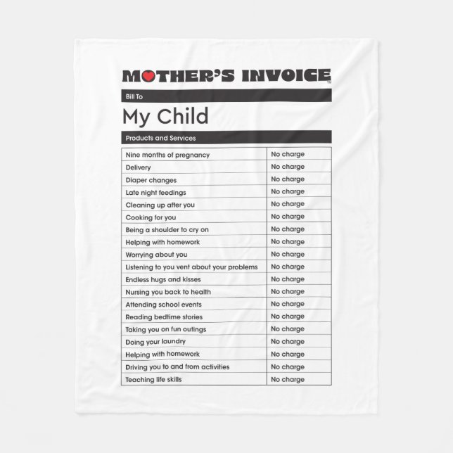 Mother's Day Love Invoice Blanket - Gift for Mum (Front)