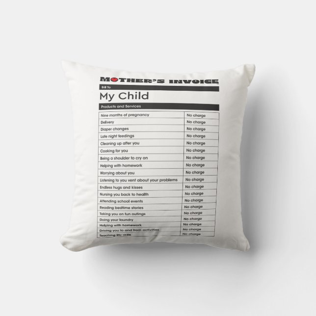 Mother's Day Love Invoice Pillow - Gift for Mum (Front)