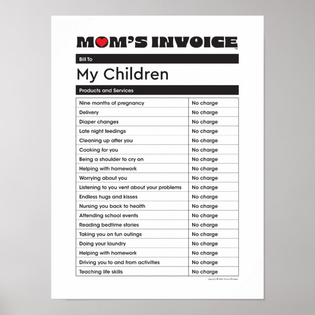 Mother's Day Love Mum Invoice - Gift Poster (Front)