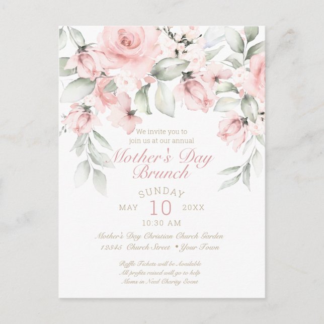 Mothers Day Luncheon Blush Pink Roses Postcard (Front)