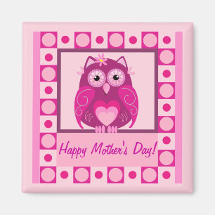 Mother's Day magnet with Pink cartoon Owl & texr