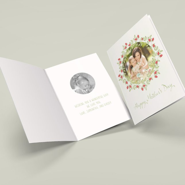 Mother's Day Minimalist Watercolor Rose Wreath Card (Mother's Day Greeting card template with watercolor red roses wreath,)