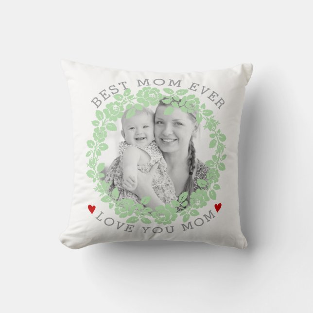 Mothers Day mint green and grey rose wreath photo Cushion (Front)