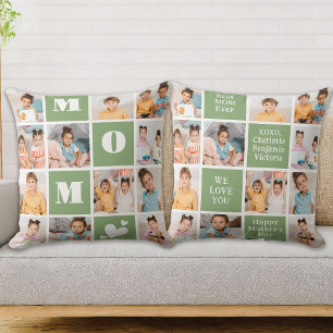 Mother's Day MOM Modern Green 12 Photo Collage Cushion