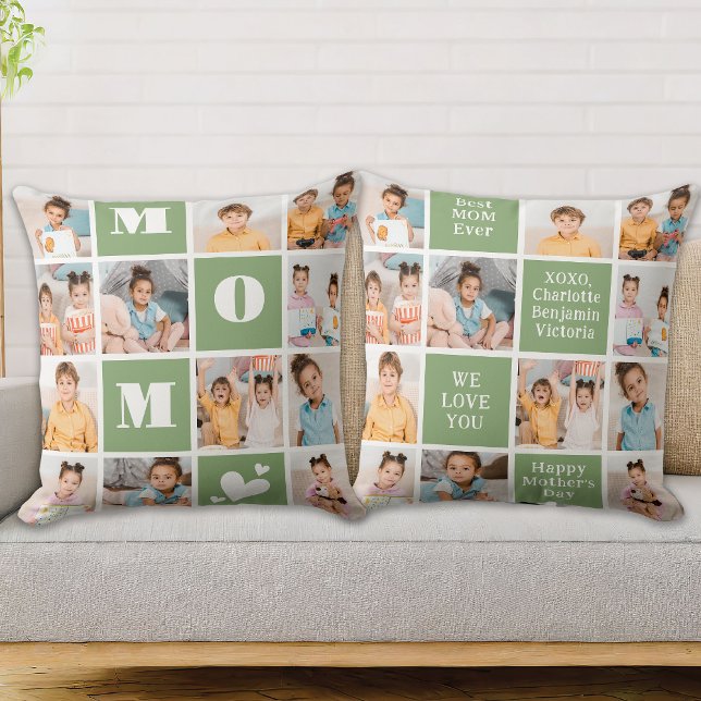 Mother's Day MOM Modern Green 12 Photo Collage Cushion (Creator Uploaded)