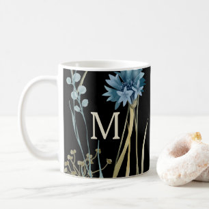 Mother's Day Monogram Floral Light Blue Gold Black Coffee Mug