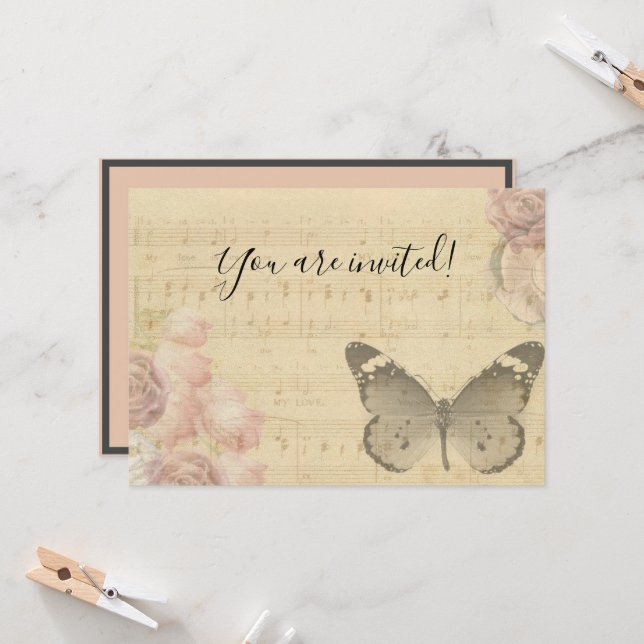 Mother's Day Old Sheet Music Score Roses Butterfly Invitation (Front/Back In Situ)