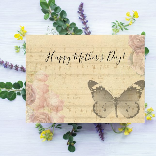Mother's Day Old Sheet Music Score Roses Butterfly Postcard (Creator Uploaded)