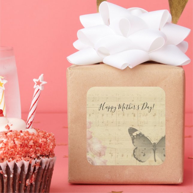 Mother's Day Old Sheet Music Score Roses Butterfly Square Sticker (Party)