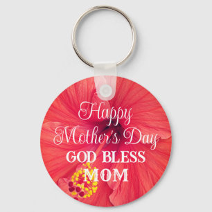 Mother's Day Orange Hibiscus Flower God Bless Mom  Key Ring