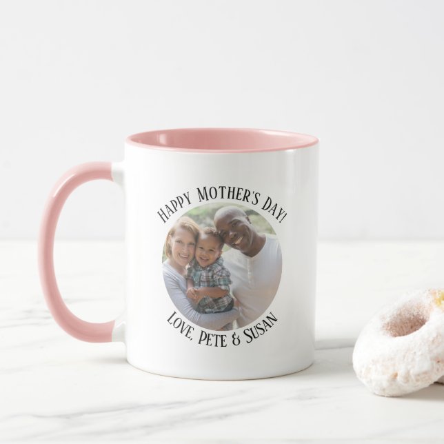 Mother's Day Pastel Pink & White Family Photo Mug (With Donut)
